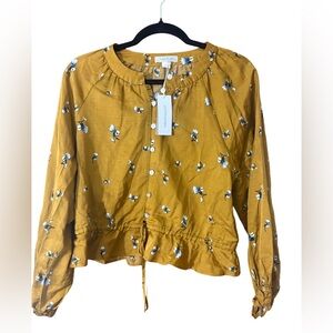 Outerknown poet blouse mustard, yellow with blue flowers small petite NWT